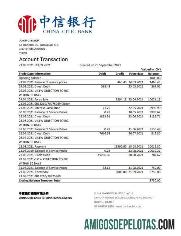 Extrato bancário em branco do China Citic Bank Corp, modelo fácil de preencher em formato Excel e PDF